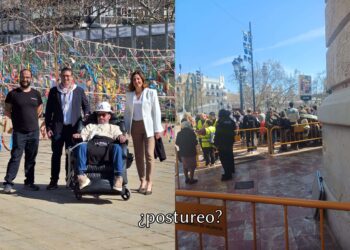 Catalá se fotografía con Jordi Sabaté y lo invita al balcón mientras reduce a la mitad el espacio para personas con discapacidad en las mascletaes