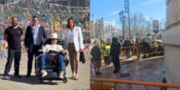 Catalá se fotografía con Jordi Sabaté y lo invita al balcón mientras reduce a la mitad el espacio para personas con discapacidad en las mascletaes