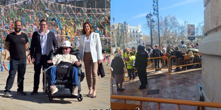 Catalá se fotografía con Jordi Sabaté y lo invita al balcón mientras reduce a la mitad el espacio para personas con discapacidad en las mascletaes