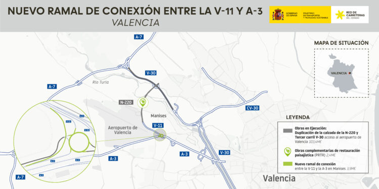 Transportes estrena el nuevo ramal de conexión entre la V-11 y la A-3 en Manises