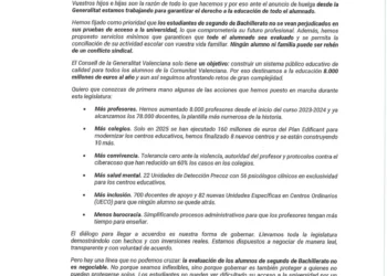 Conselleria de Educación de la Generalitat Valenciana envía una carta a las familias ante la huelga indefinida