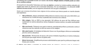 Conselleria de Educación de la Generalitat Valenciana envía una carta a las familias ante la huelga indefinida