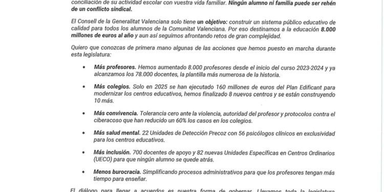 Conselleria de Educación de la Generalitat Valenciana envía una carta a las familias ante la huelga indefinida