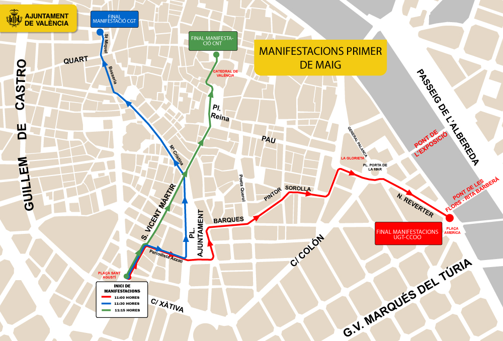 Valencia activa cortes y desvíos por las manifestaciones del 1 de Mayo en el centro de la ciudad 2 HHOHd PX0AA8mVT