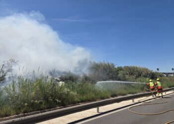 Un incendio de vegetación en Port Saplaya moviliza a tres cuerpos de bomberos y obliga a regular el tráfico en la V-21