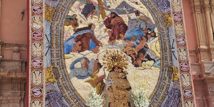 Se instala el tapiz floral y la decoración de la Mare de Deu dels Desamparats