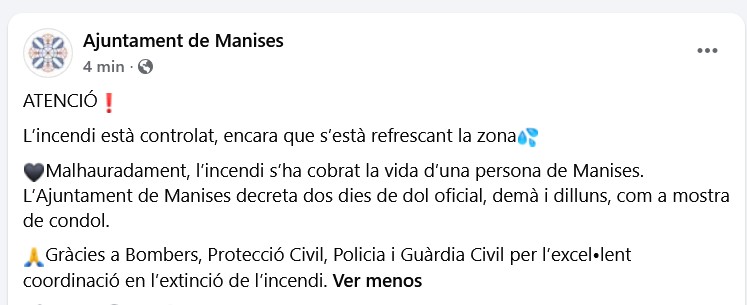 El Ajuntament de Manises confirma un fallecido en el incendio de Salt de l'Aigüa 2 Captura de pantalla 2026 07 25 164652