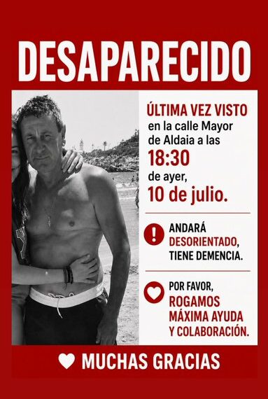 Continúa la búsqueda urgente de Pedro Notario, el vecino de Aldaya desaparecido