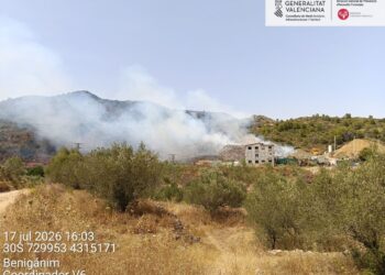 Un incendio originado en una planta de biomasa de Lluchent salta a terreno forestal y moviliza a un amplio dispositivo de emergencias