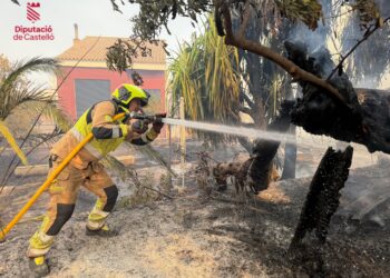 Los bomberos luchan para que el #IFVallDUixo no entre al casco urbano de la Vilavella 15 Un operativo masivo de más de 300 efectivos y 14 medios aéreos lucha contra el virulento incendio de Vall d'Uixó