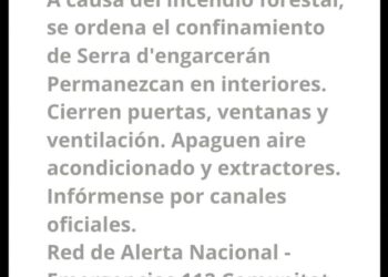 La Generalitat activa el sistema Es-Alert para avisar a la población sobre el incendio forestal de Sierra Engarcerán