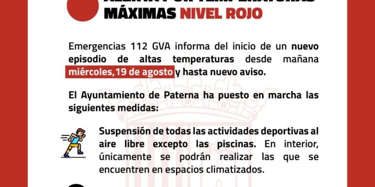 Alerta roja por temperaturas máximas en la CV: Paterna activa medidas de emergencia 1 Alerta roja por temperaturas máximas en la CV: Paterna activa medidas de emergencia