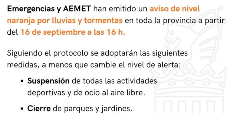 Alboraya decreta el cierre de parques y suspende actividades al aire libre tras activarse el aviso naranja por fuertes lluvias y tormentas 1 Alboraya decreta el cierre de parques y suspende actividades al aire libre tras activarse el aviso naranja por fuertes lluvias y tormentas