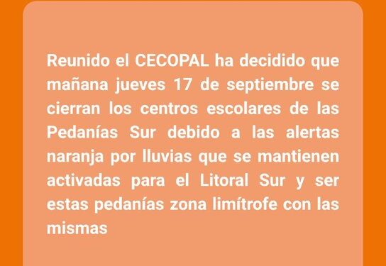El CECOPAL decreta la suspensión de clases para este jueves en las pedanías sur por la alerta naranja de lluvias 1 El CECOPAL decreta la suspensión de clases para este jueves en las pedanías sur por la alerta naranja de lluvias