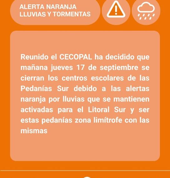 El CECOPAL decreta la suspensión de clases para este jueves en las pedanías sur por la alerta naranja de lluvias 1 El CECOPAL decreta la suspensión de clases para este jueves en las pedanías sur por la alerta naranja de lluvias
