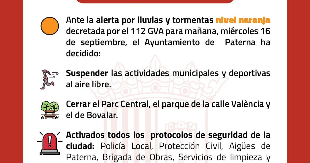 Paterna suspende actividades al aire libre ante la alerta por fuertes lluvias y tormentas este miércoles tarde 1 Paterna suspende actividades al aire libre ante la alerta por fuertes lluvias y tormentas este miércoles tarde