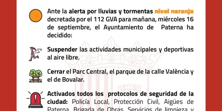 Paterna suspende actividades al aire libre ante la alerta por fuertes lluvias y tormentas este miércoles tarde