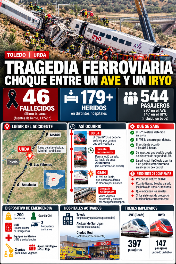 ¿Por qué ha chocado el AVE contra el Iryo en Toledo? Investigan una avería de seguridad y una posible orden errónea desde Atocha. GALERÍA IMÁGENES 28 Accidente ferroviario en Toledo trenes iryo ave 3