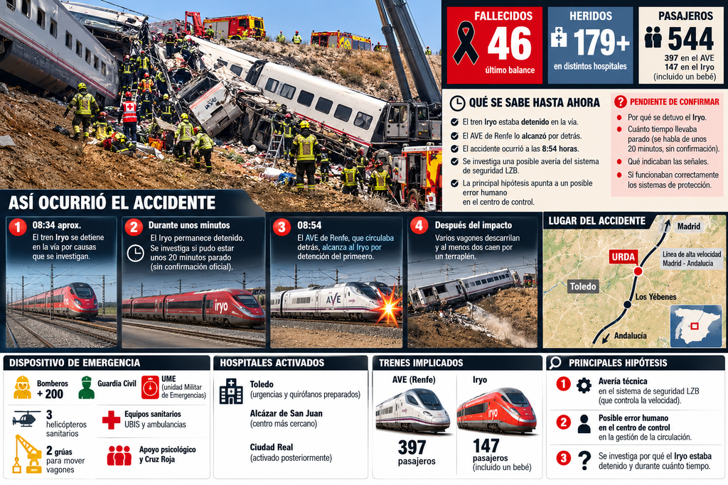 ¿Por qué ha chocado el AVE contra el Iryo en Toledo? Investigan una avería de seguridad y una posible orden errónea desde Atocha. GALERÍA IMÁGENES 29 Accidente ferroviario en Toledo trenes iryo ave 4