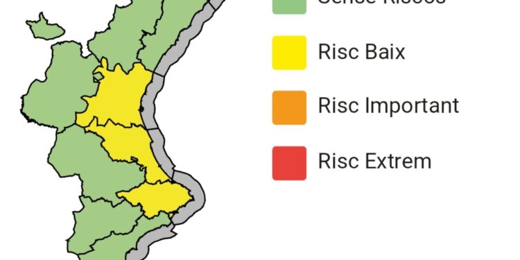 Emergencias activa la alerta amarilla por lluvias en todo el litoral de Valéncia y el norte de Alicante ante la inestabilidad meteorológica