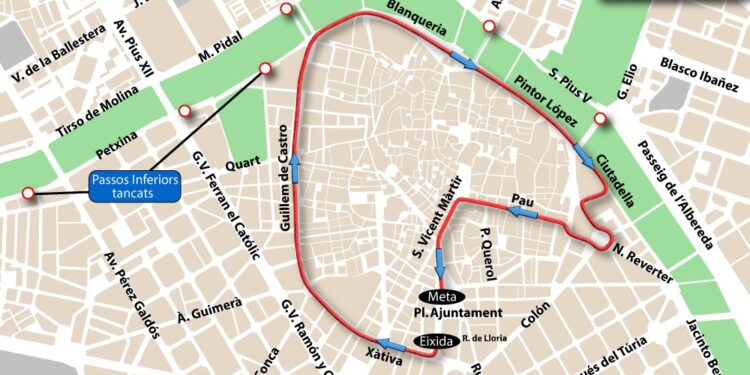 La XVI ‘Volta a Peu de les Falles’ cerrará este domingo el circuito urbano de carreras y provocará cortes de tráfico en el centro de Valéncia 1 La XVI ‘Volta a Peu de les Falles’ cerrará este domingo el circuito urbano de carreras y provocará cortes de tráfico en el centro de Valéncia