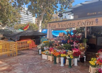 Las floristerías de la plaza del Ayuntamiento de Valéncia, cercadas por la acampada en vísperas de Todos los Santos
