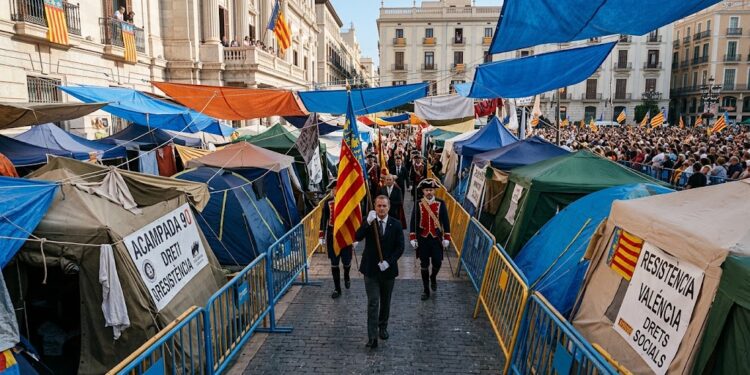 La acampada ilegal cederá un pasillo para la Procesión Cívica, pero la Delegación del Gobierno impide la mascletà