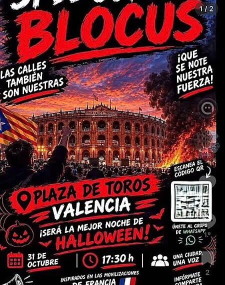 Alerta máxima en Valéncia ante un nuevo llamamiento bajo el término 'Blocus': disturbios, quema de mobiliario y asaltos simulados por IA para este Halloween