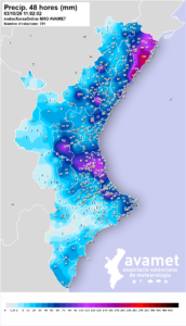 El temporal deja acumulados de más de 250 mm en poco más de 36 horas en la Comunitat Valenciana 2 mapa mxo prec48h